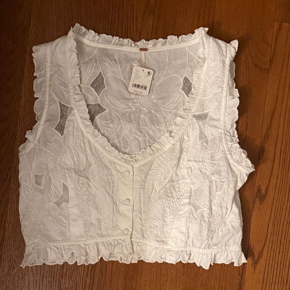 Free People White Floral Embroidered Ruffle Crop Top